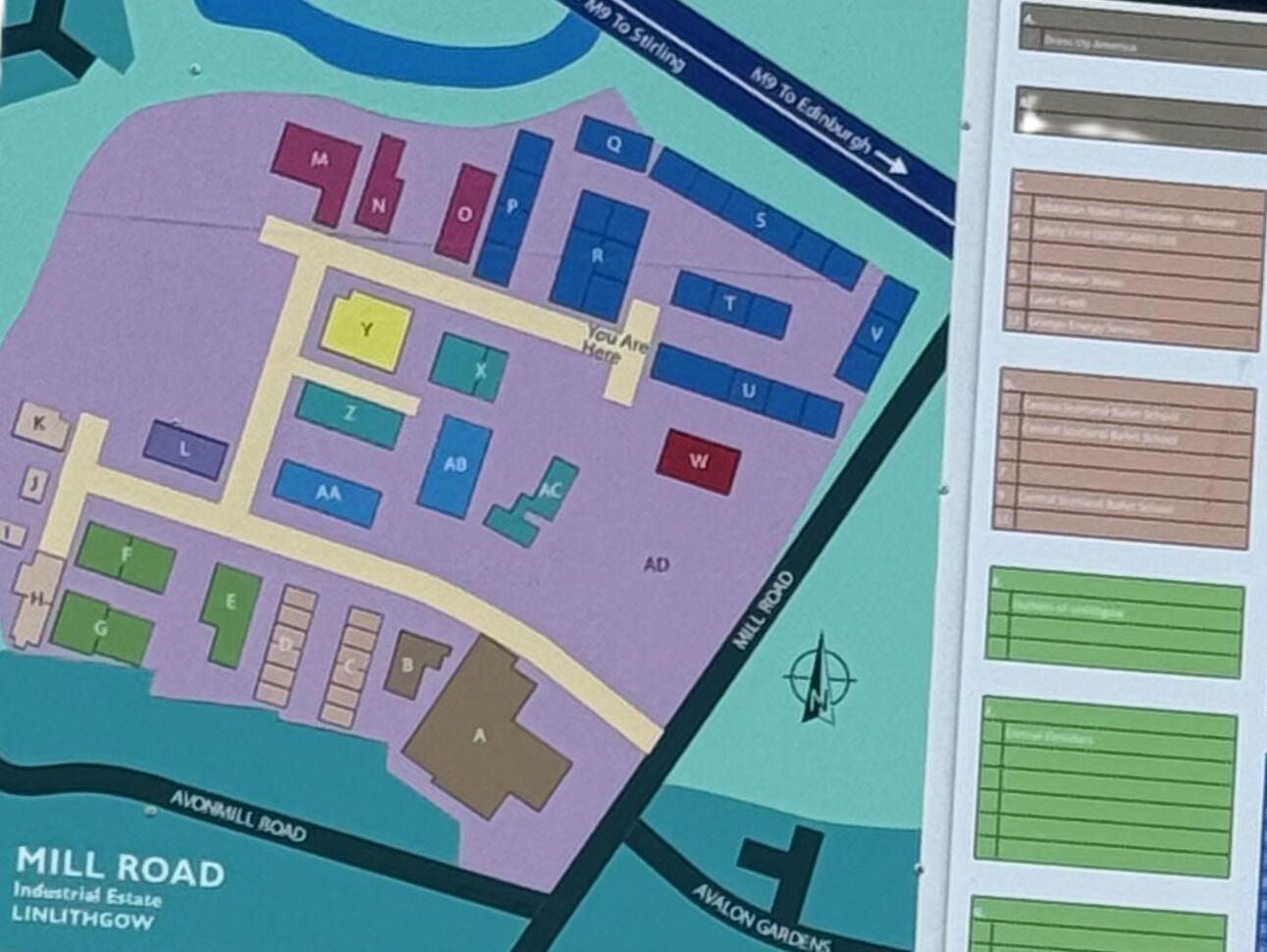 Mill Road Industrial Estate Signpost with Tenant Directory and Map Signpost at Mill Road Industrial Estate in Linlithgow showing tenant directory and site map for visitors